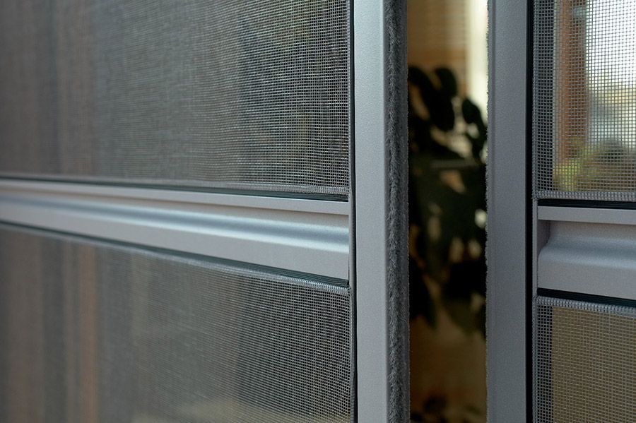 Eine Nahaufnahme einer Fliegengittertür mit einer Pflanze im Hintergrund.