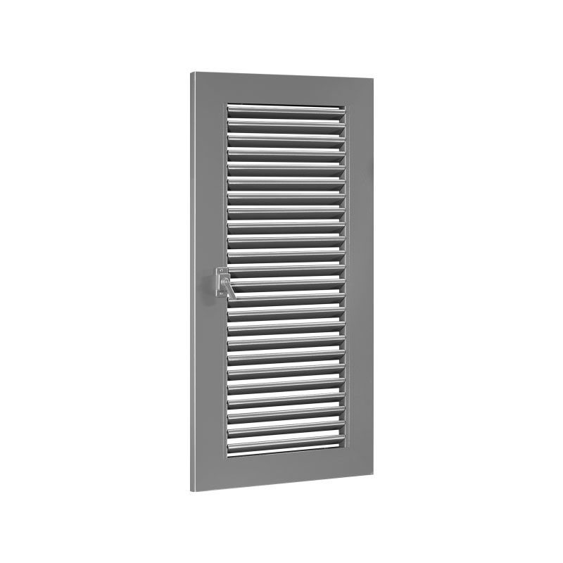 Ein 3D-Modell einer Tür mit Fensterläden auf weißem Hintergrund.