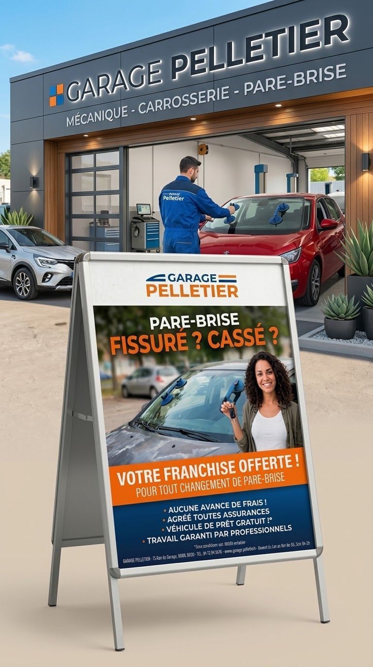 Enseigne d’un garage automobile sur le trottoir, avec une promotion orange pour le remplacement des pare-brise ébréchés ou brisés