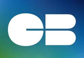 Logo CB blanc : cercle à gauche, formes rectangulaires à droite, sur fond dégradé bleu-vert.