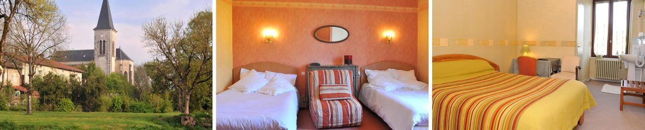 Église et deux chambres d'hôtel avec vue sur lit.