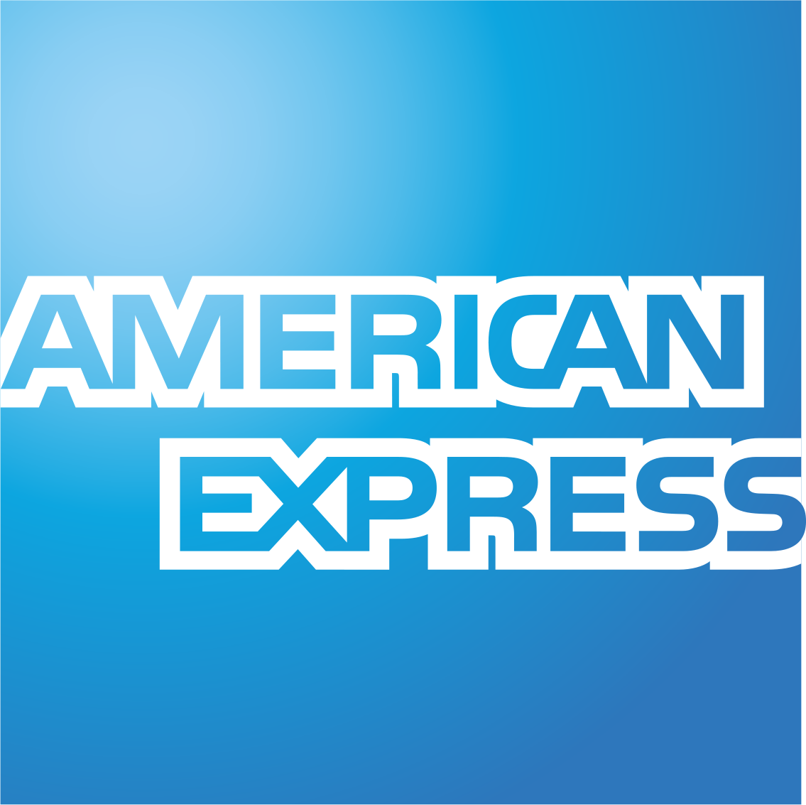 Logo American Express sur fond bleu dégradé, texte blanc avec contour bleu.