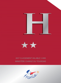 Hôtel deux étoiles. Fond rouge avec un H argenté, des étoiles et le logo du ministère français du Tourisme.