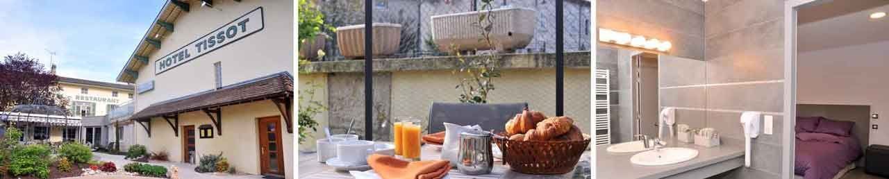 Série de photos présentant l'extérieur d'un bâtiment, une table de petit-déjeuner, une salle de bains et une chambre.