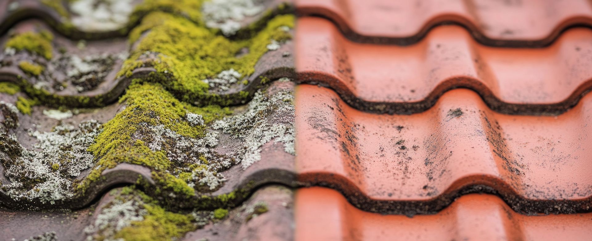 Vue en deux parties de tuiles de toit en terre cuite : côté gauche recouvert d’une épaisse couche de mousse et de lichen verts, côté droit nettoyé et orange.