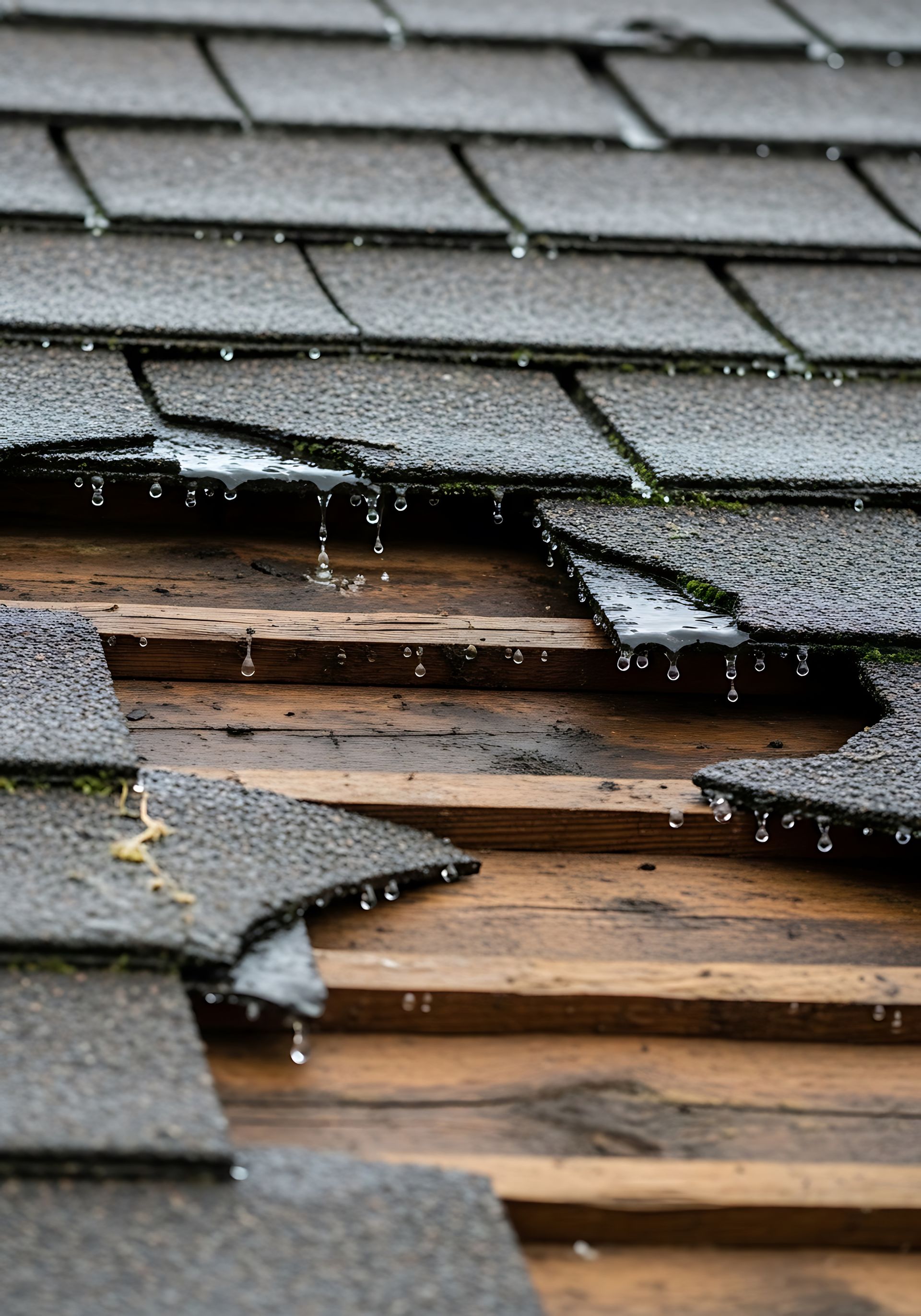 Un toit résidentiel endommagé, avec des tuiles manquantes laissant apparaître des lattes de bois, d'où ruissellent des gouttes de pluie sur les bords.