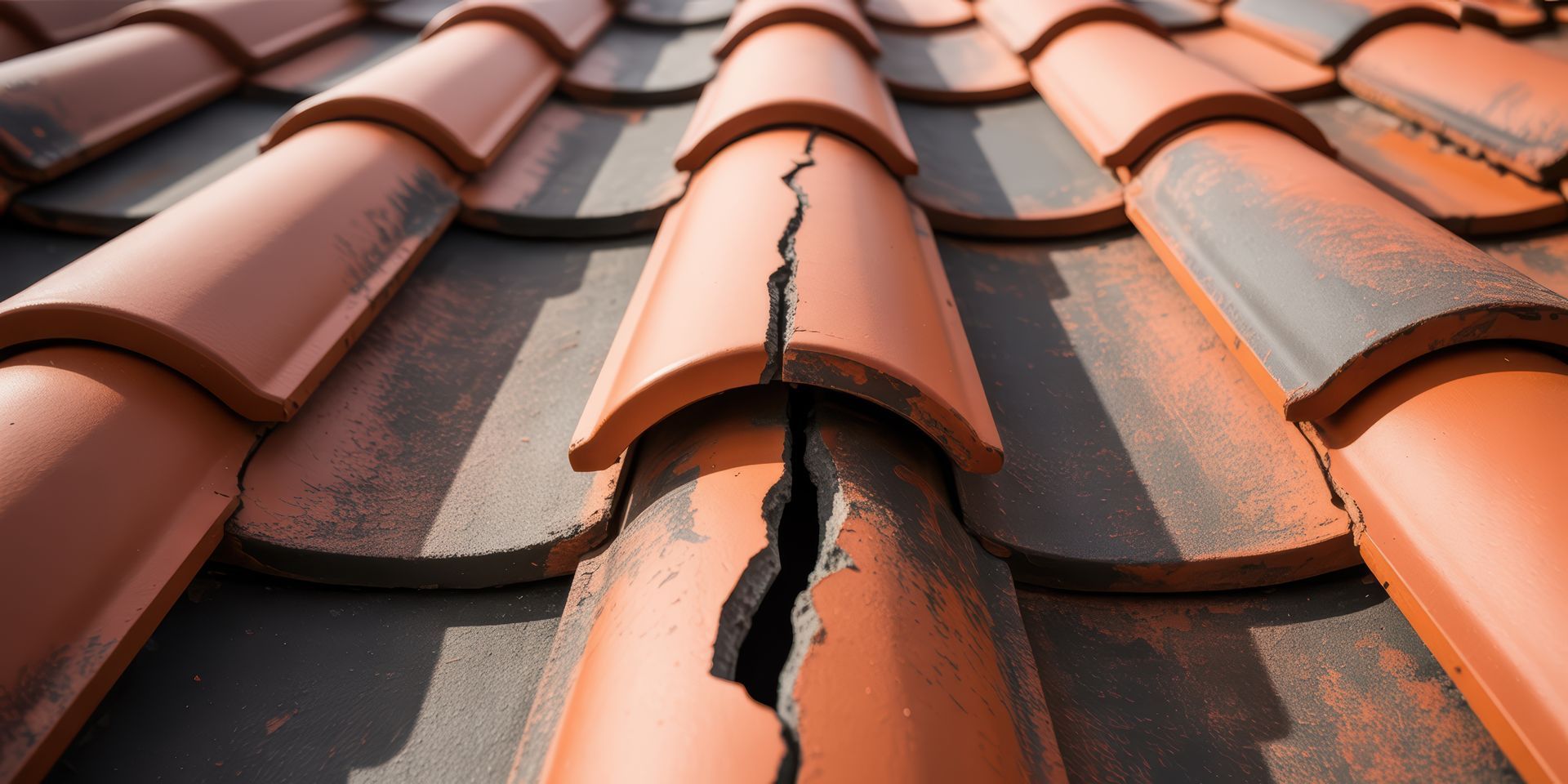 Gros plan sur une tuile de toit en terre cuite présentant une importante fissure verticale en son centre.