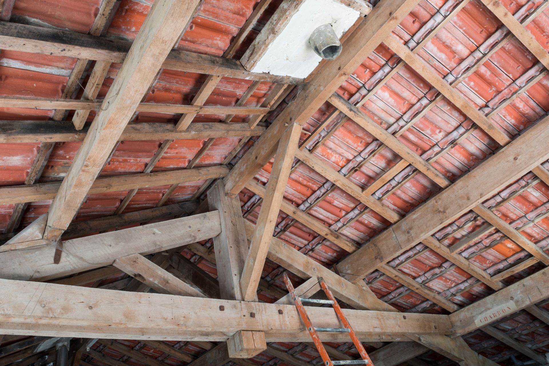 Vue de l'intérieur d'un grenier montrant les chevrons et les poutres de la charpente en bois sur fond de tuiles de terre cuite rouge.