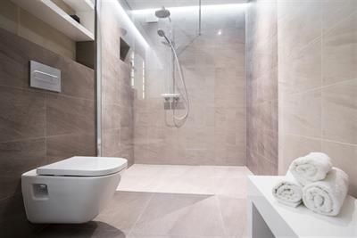Ein Badezimmer mit Toilette und ebenerdiger Dusche.
