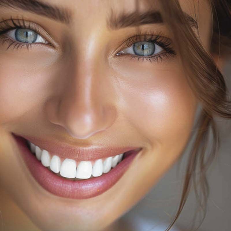 Un primer plano del rostro de una mujer sonriendo con dientes blancos.