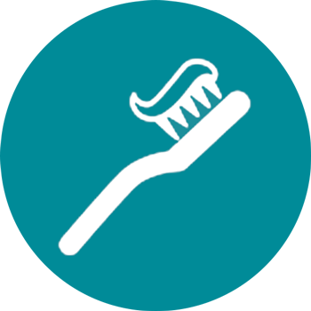 Un cepillo de dientes con pasta de dientes está en un círculo azul.