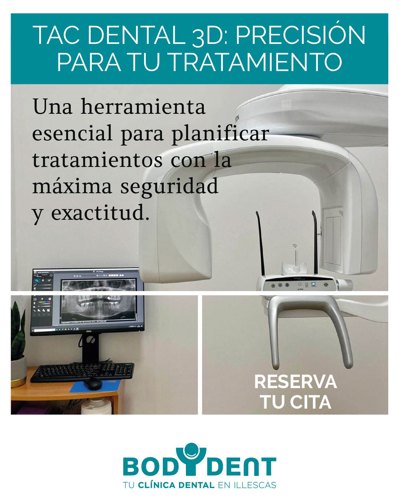 Un consultorio dental con una computadora y una máquina de rayos X dentales.