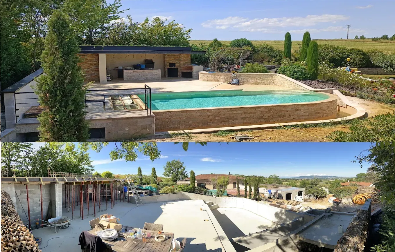 En haut : Piscine terminée avec façade en pierre, terrasse et aménagement paysager. En bas : Construction de la piscine en cours.