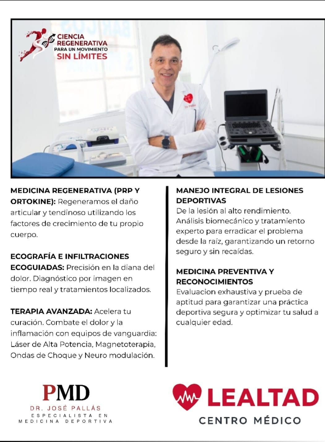 Cartel médico promocional con un médico con bata blanca y texto en español para LEALTAD Centro Médico.