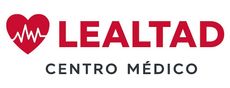 Logotipo de LEALTAD Centro Médico con corazón rojo y línea de ECG blanca sobre fondo blanco.