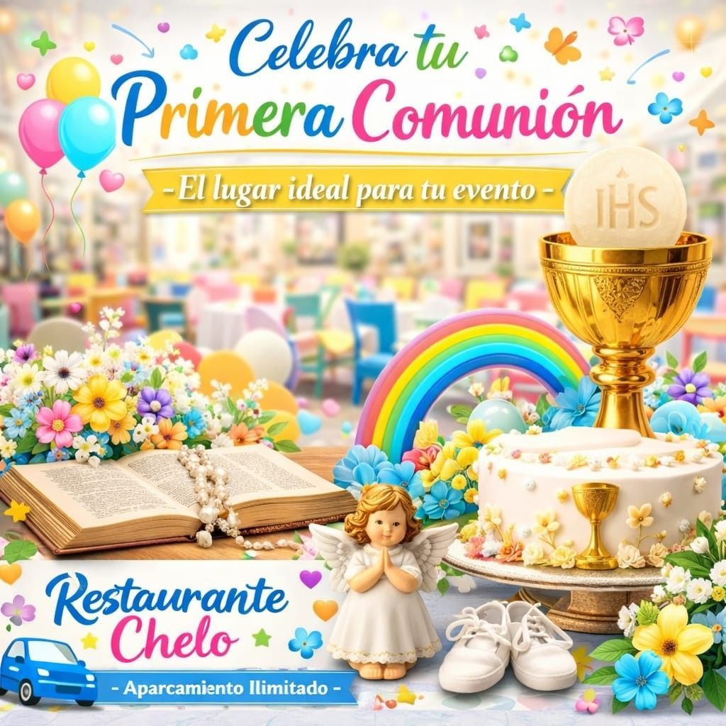 Anuncio de celebración: restaurante anuncia evento de Primera Comunión. Incluye pastel, cáliz, globos y texto.