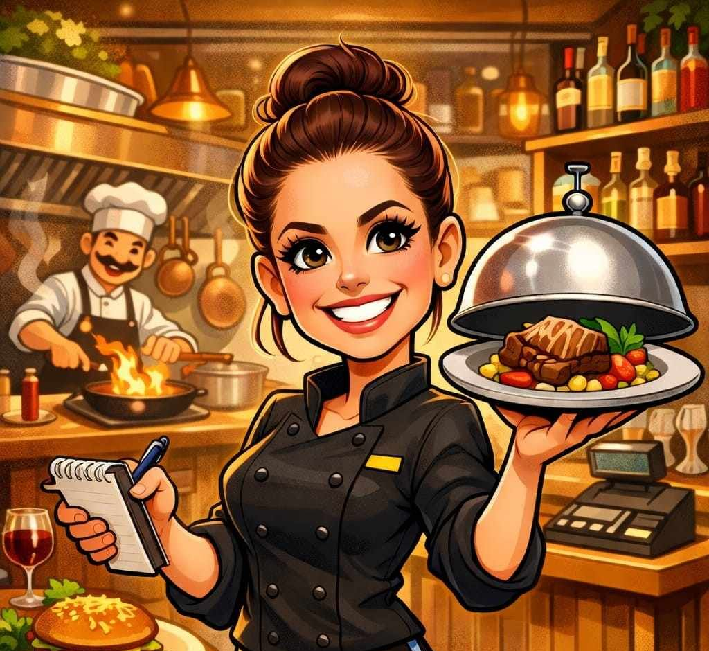 Un chef sonriente sostiene un plato cubierto; al fondo, un chef cocina. Un restaurante con comida y bebidas.