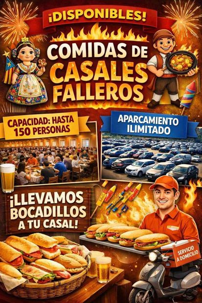 Cartel publicitario de comidas falleras. Muestra a la gente, comida, fuegos artificiales y aparcamiento.