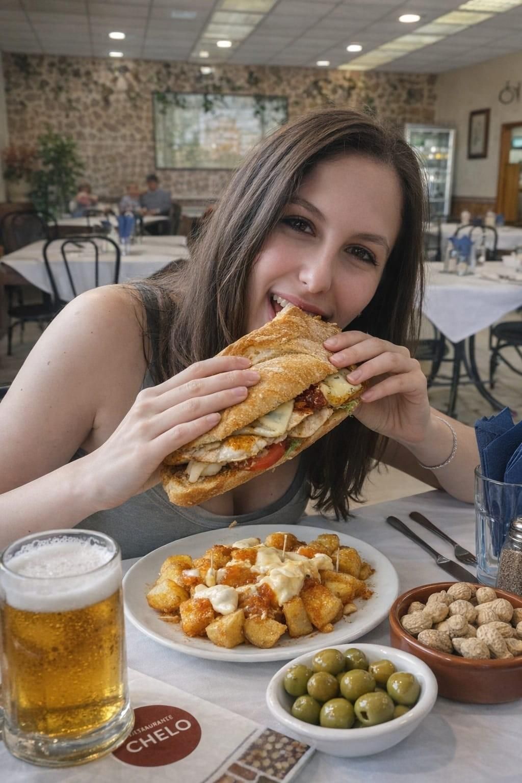 Mujer comiendo un sándwich grande en un restaurante, con patatas, aceitunas y cerveza en la mesa.