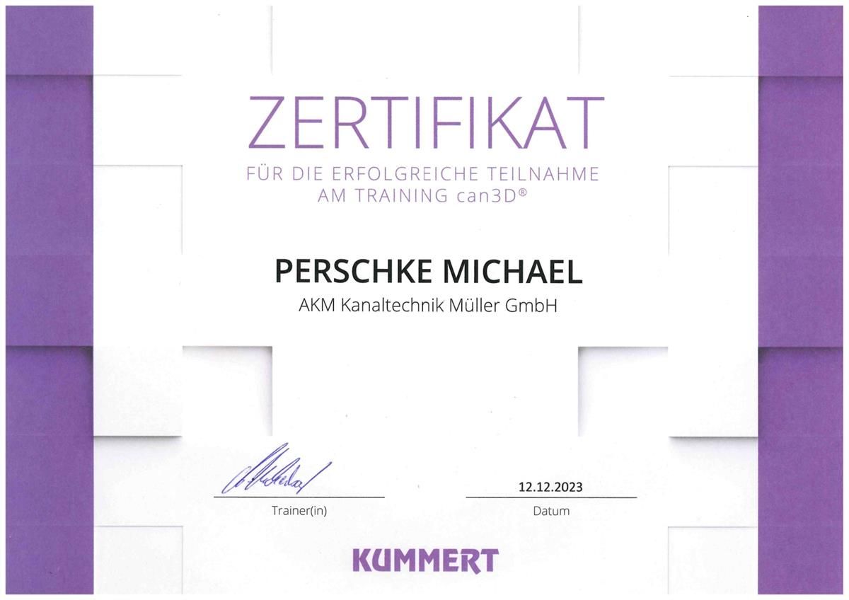 Eine lila-weiße Urkunde mit dem Namen Perschke Michael darauf