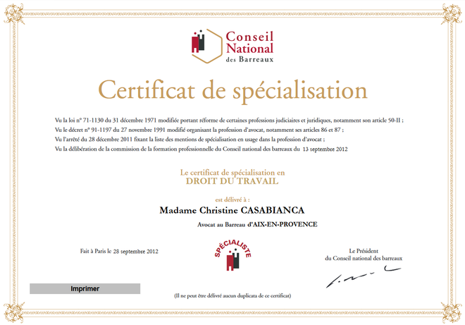 Certificat de spécialisation de notre avocat