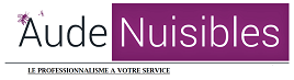 accueil Logo d'Aude Nuisibles, entreprise de lutte antiparasitaire. Texte violet et blanc sur fond blanc.