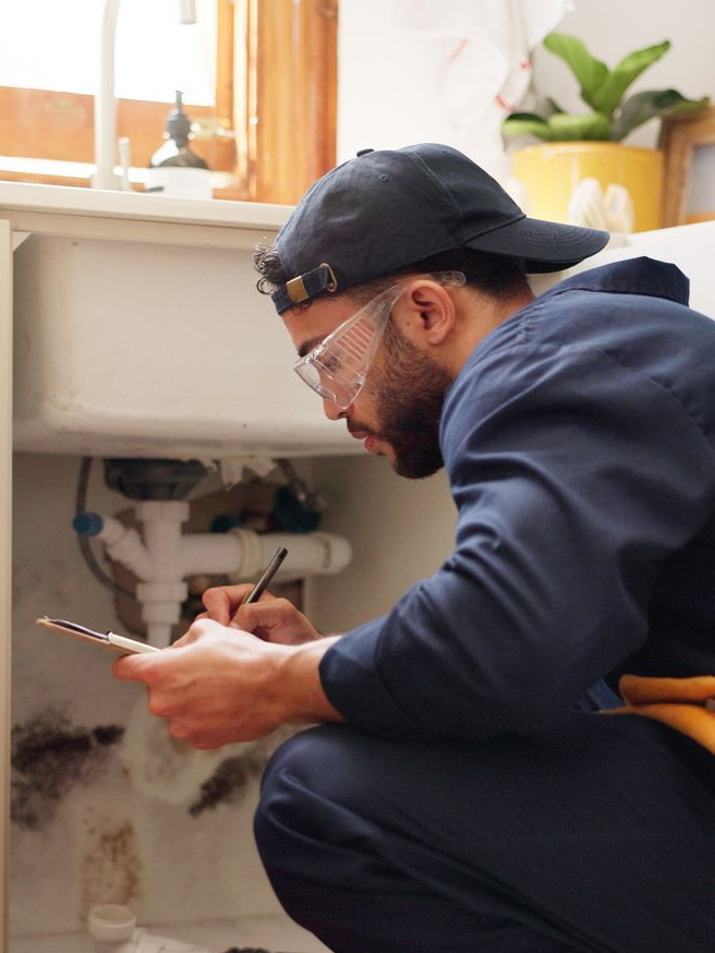 Plombier inspectant la tuyauterie d'un évier, écrivant sur un presse-papiers. Il porte des lunettes de sécurité, une casquette et une combinaison bleue.