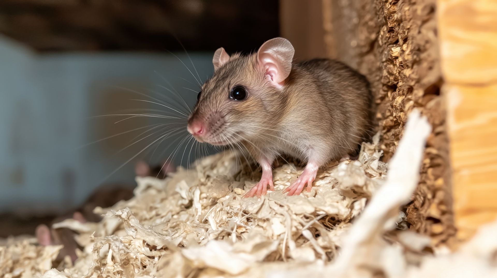 Souris sur des copeaux de bois