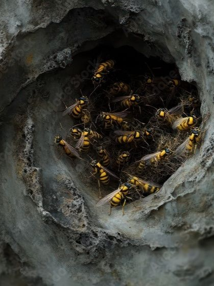 Grand nid de guêpes dans un trou de tronc d'arbre