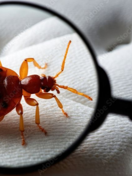 Coléoptère orange agrandi par une loupe à manche noir sur tissu blanc.