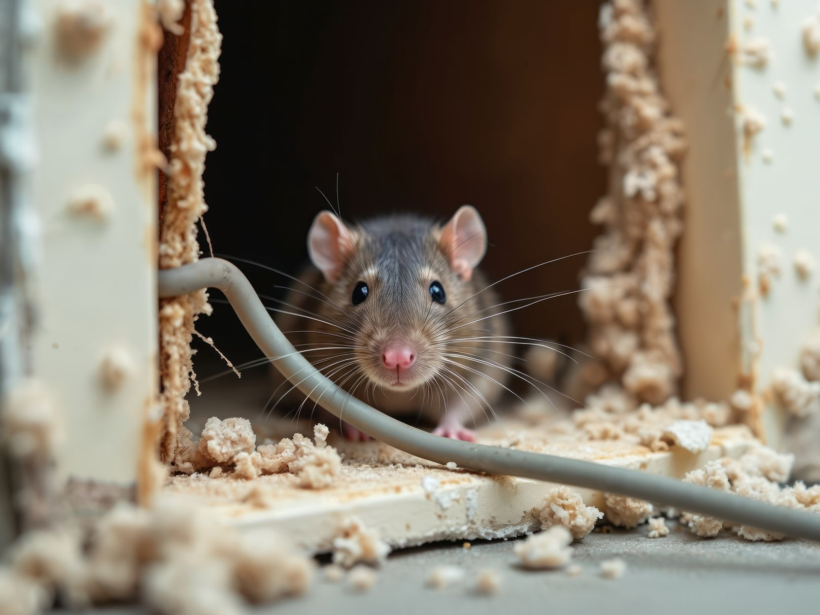 Un rat brun sort d'un trou endommagé, traversé par un câble.