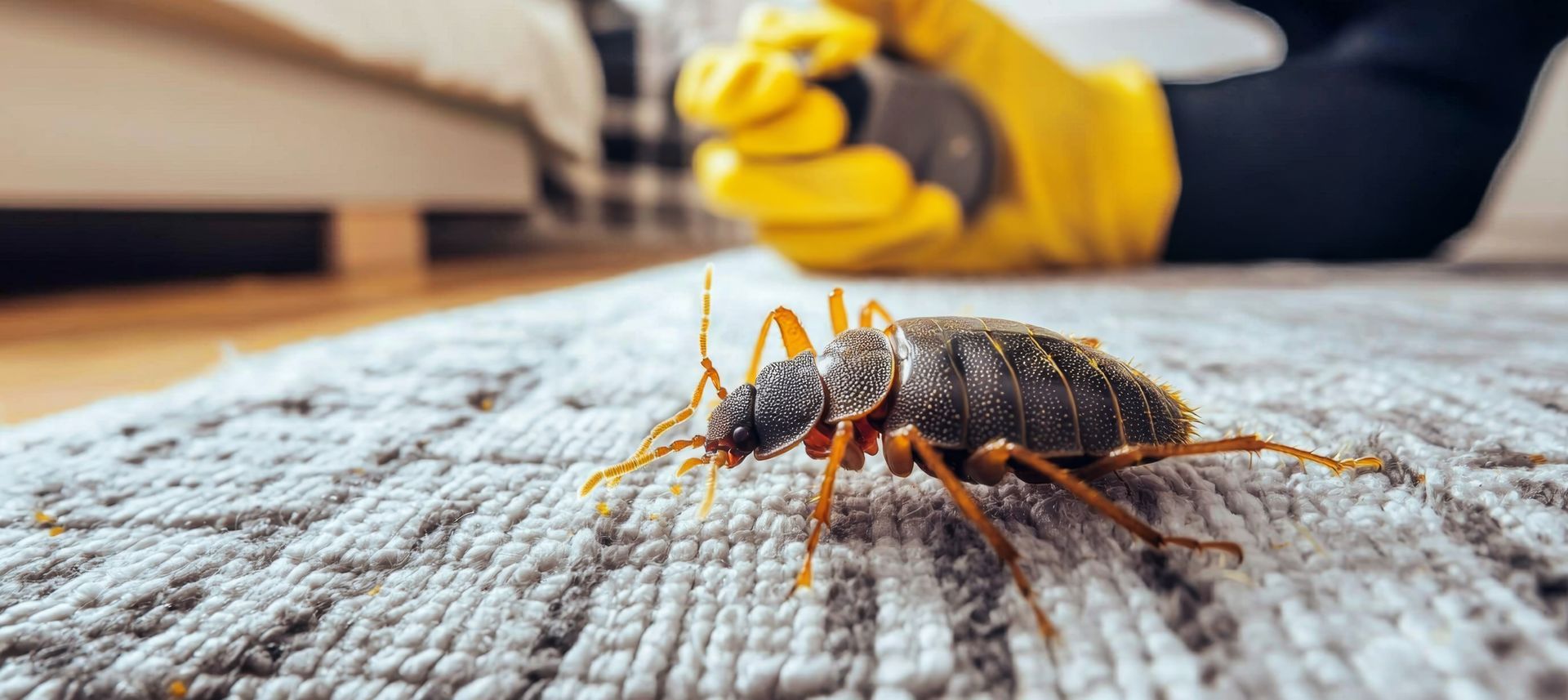 Un cafard sur un tapis avec une personne portant des gants jaunes en arrière-plan flou.