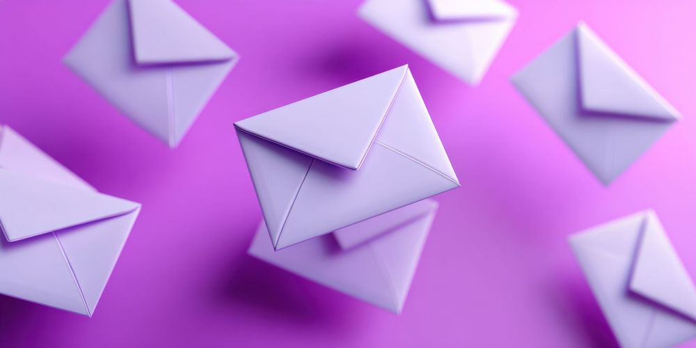 Enveloppes lavande flottant sur un fond violet.