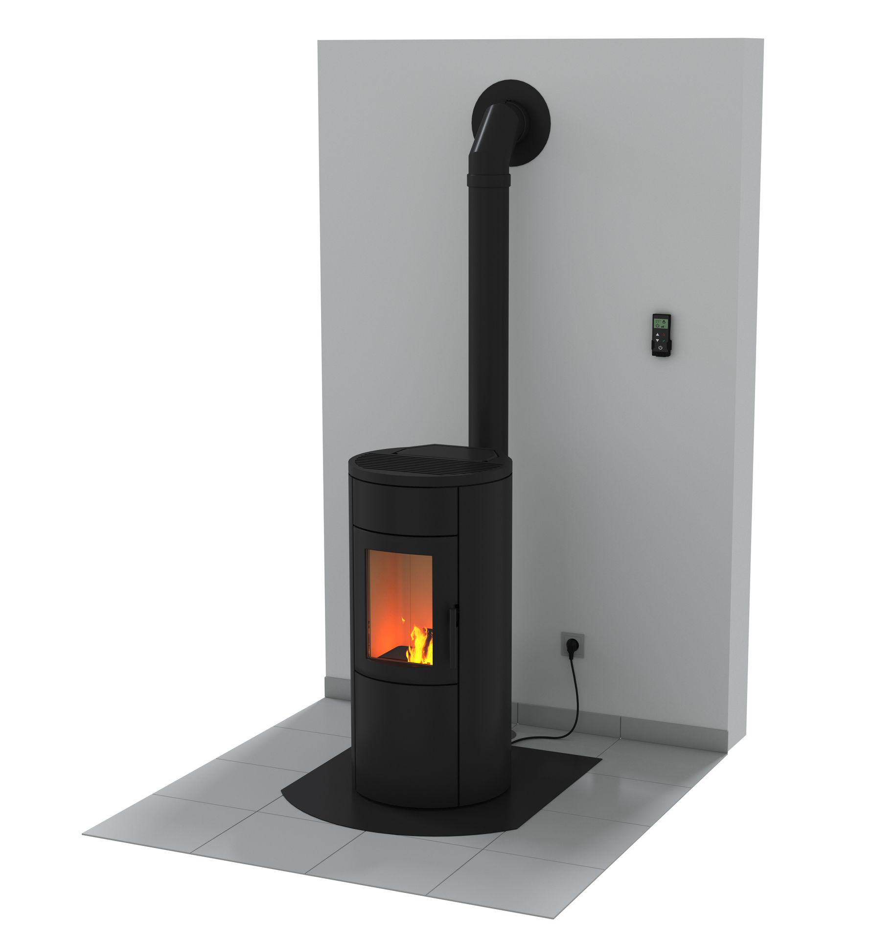Poêle à bois noir avec feu allumé, conduit de fumée et thermostat mural sur un foyer carrelé.