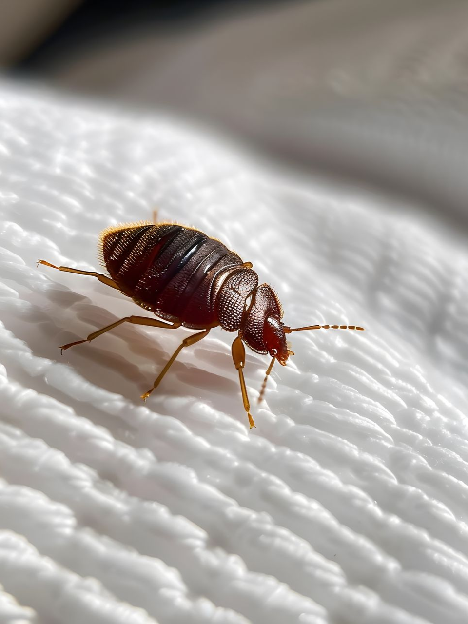 Punaise de lit en gros plan sur un matelas blanc