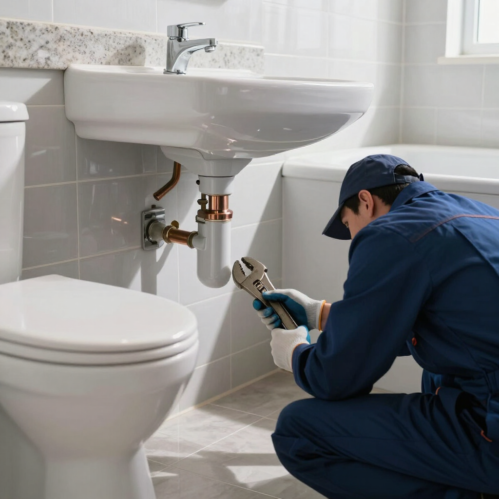 Un fontanero arrodillado debajo de un lavabo, utilizando una llave inglesa para reparar la fontanería.