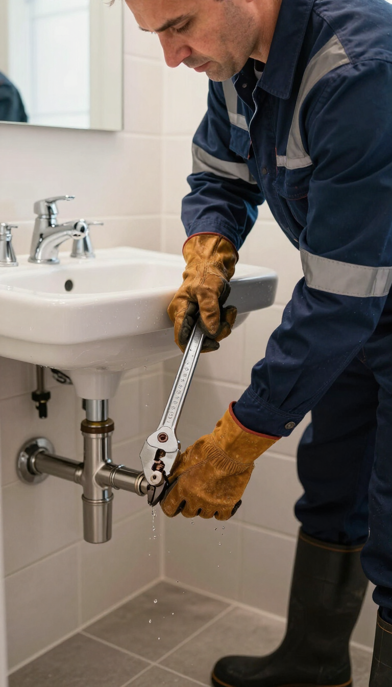 Un fontanero aprieta una tubería de un fregadero debajo de un lavabo con una llave inglesa, usando guantes y mono de trabajo.