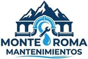 Logotipo de Monte Roma Mantenimientos con montañas azules y una llave inglesa dentro de un engranaje.