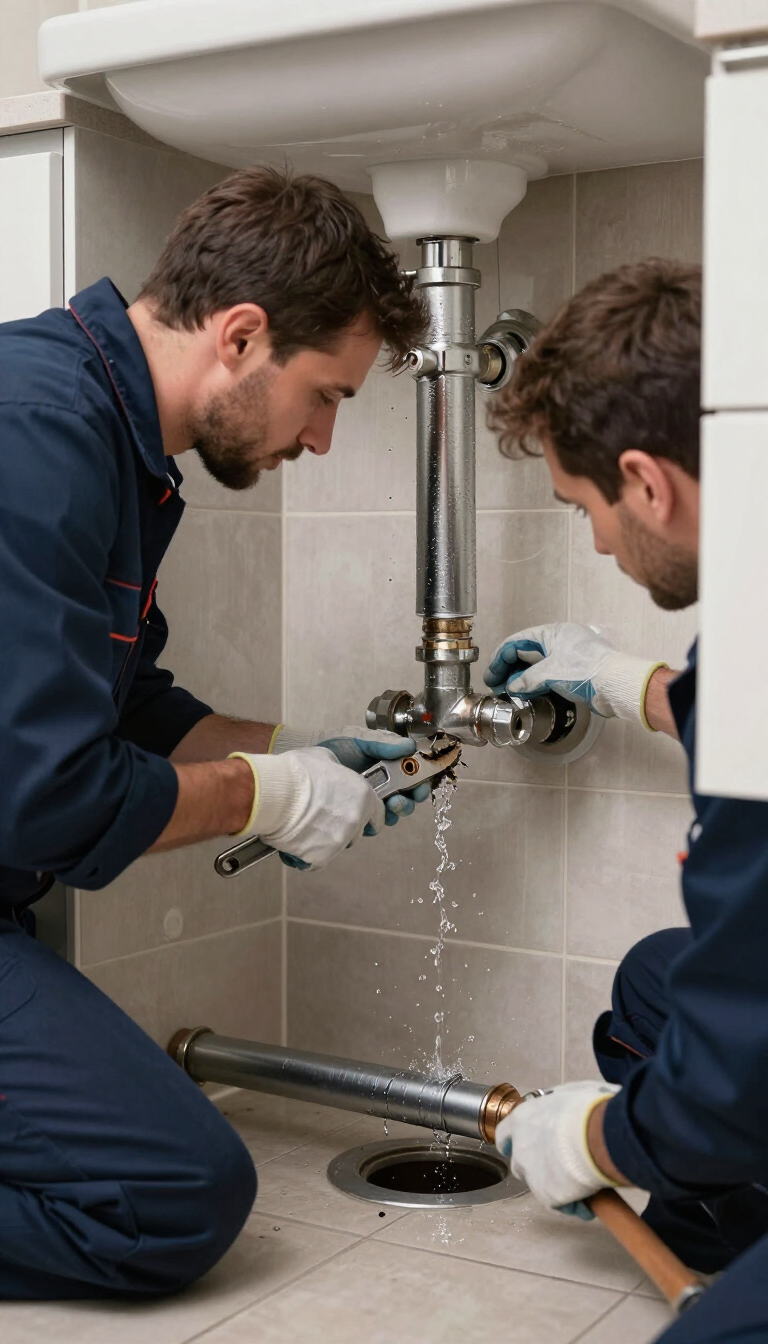 Dos fontaneros reparando tuberías debajo de un lavabo en un baño alicatado, utilizando herramientas cerca de las tuberías expuestas.