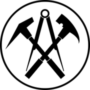 Schwarze, gekreuzte Hämmer und ein Kompass in einem schwarzen Kreis auf weißem Hintergrund