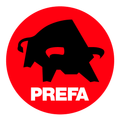 Roter Kreis mit schwarzem abstraktem Logo und weißem Schriftzug „PREFA“ am unteren Rand