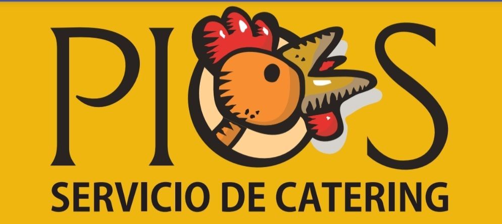 Logotipo para el servicio de catering "Picos" que presenta una cabeza de pollo de dibujos animados.