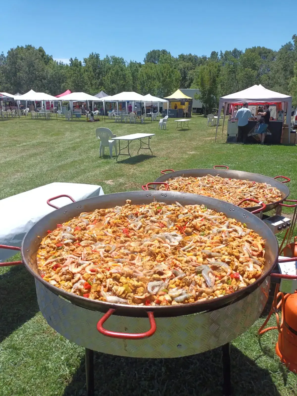 Dos grandes paelleras en un campo de hierba, con carpas para eventos al fondo.