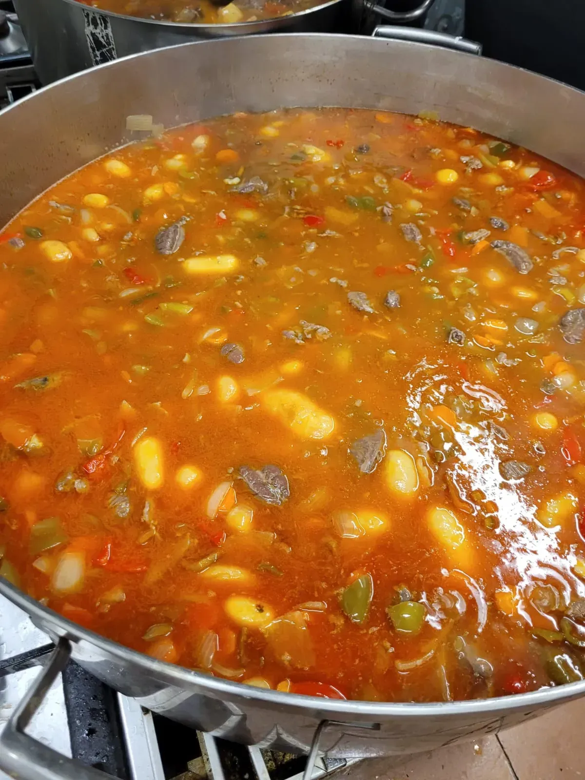 Olla grande llena de guiso: frijoles blancos, verduras y carne en un rico caldo de color naranja.