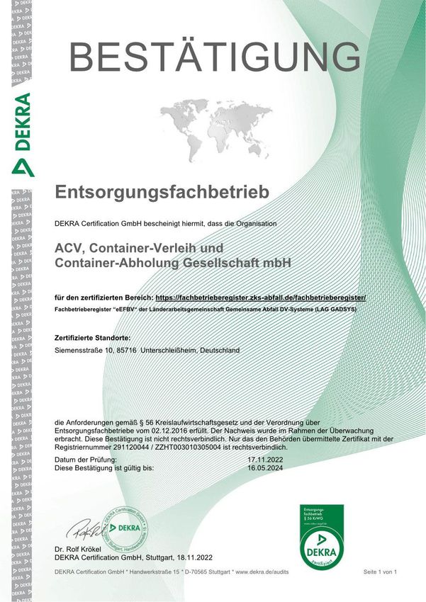 DEKRA Entsorgungsfachbetrieb Zertifikat