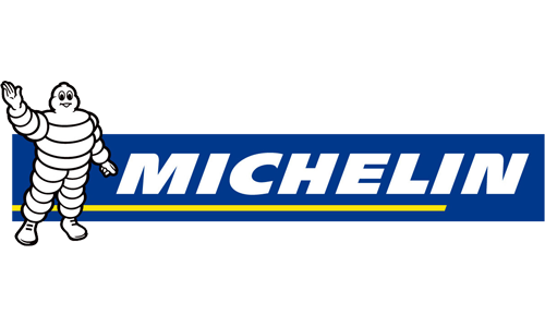 Un logotipo de Michelin con un personaje de dibujos animados en él.