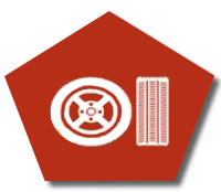 Un hexágono rojo con un neumático y un par de neumáticos sobre él.