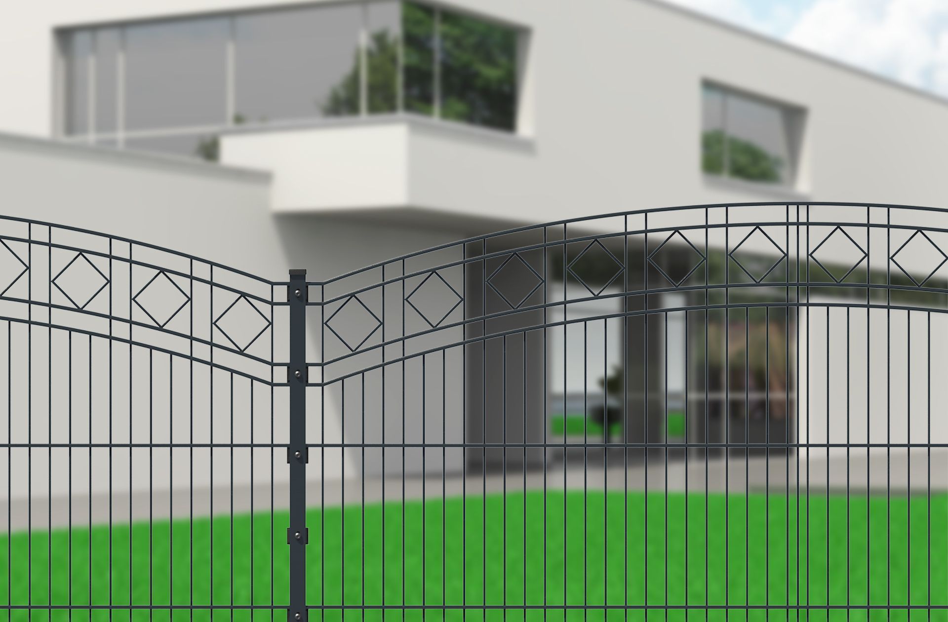 Stahlgitterzaun mit Dekoelementen und Wellenform am oberen Rand