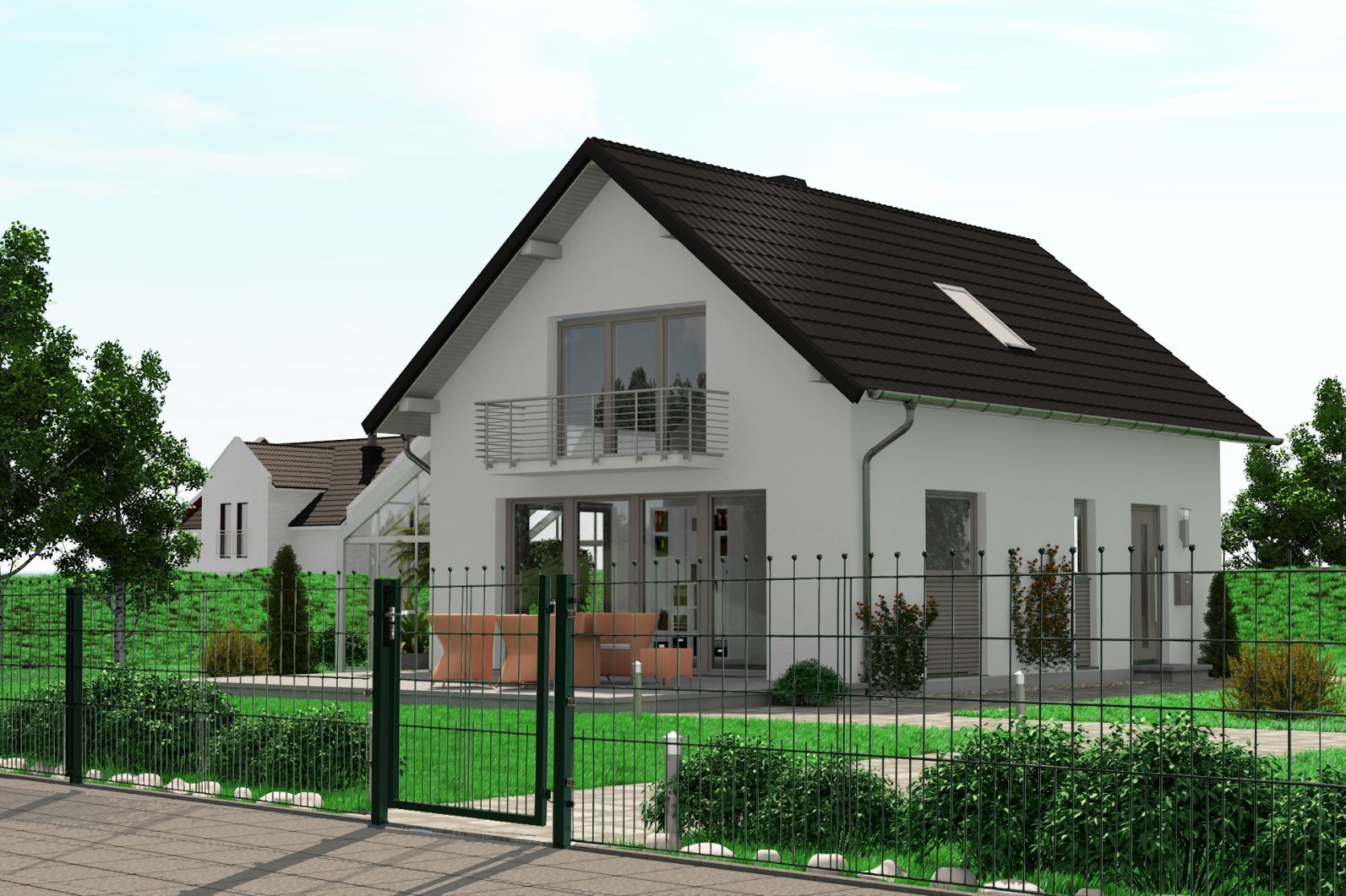 Dekorzaun mit einflügeligem Tor rund um ein Haus