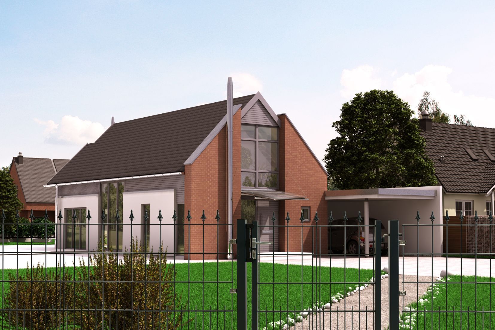 Stahlgitterzaun als Grundstückseingrenzung eines Wohnhauses